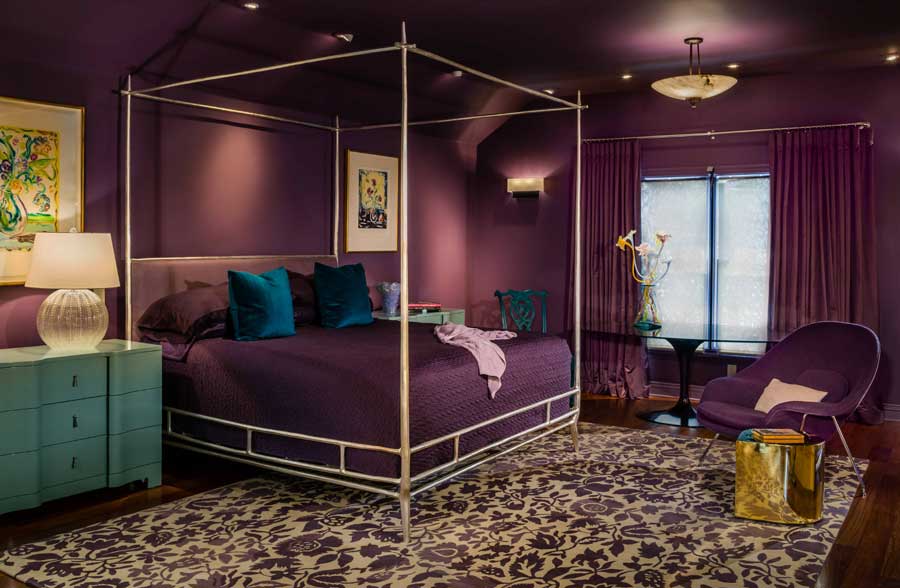 eggplant colored bedroom color drenched with moody colors