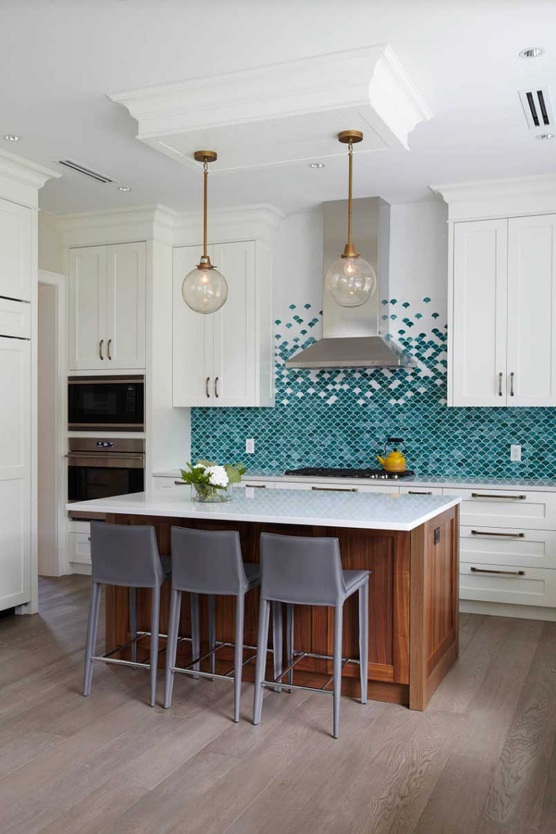 white kitchen with turquoise backsplash