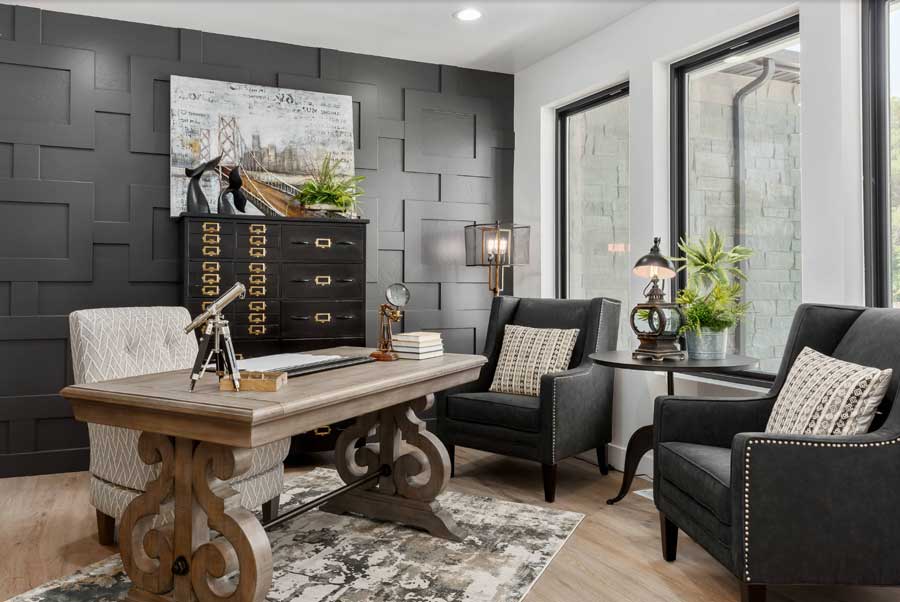 home office gray feature wall behind desk