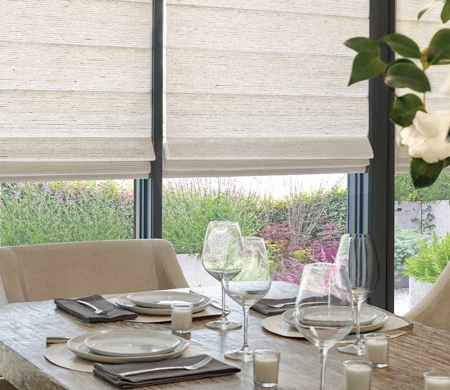 linen color custom roman shades in dining room of London Ontario home