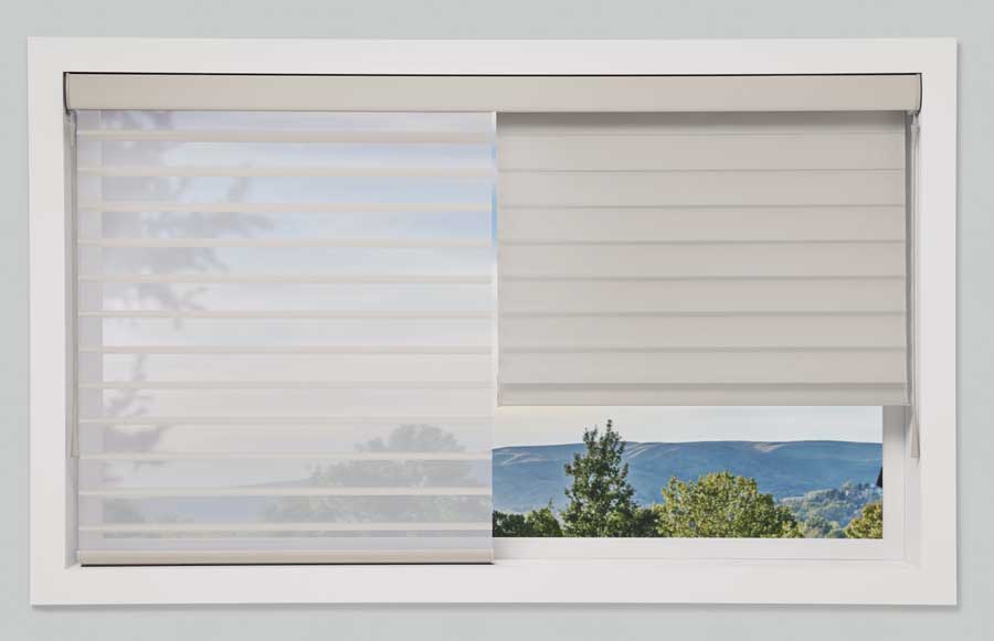 two silhouette shades with one set of vanes open to show the view and the other set closed for light control and privacy