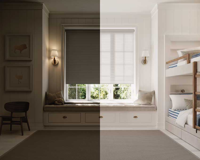 two shade opacities side by side to filter light or block light in Ontario homes